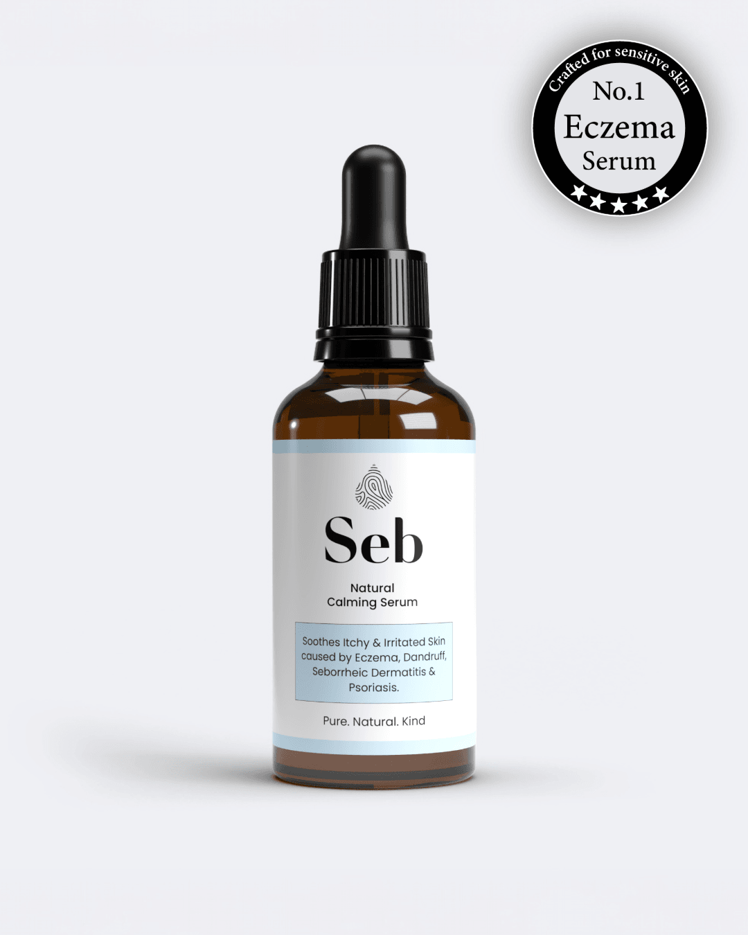 Brown glass bottle with black dropper, natural calming serum for sensitive skin, soothing eczema and psoriasis, white label.