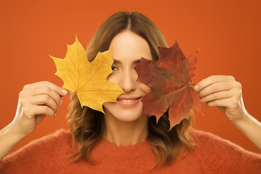 Women with Autumn leaves next to her seborrheic dermatits